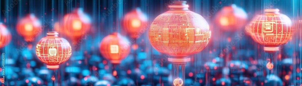Poster a vibrant display of glowing red lanterns against a blurred blue background, creating a festive and 