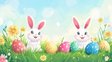 Obraz premium Cute rabbits with colorful eggs in a vibrant spring meadow under bright sky