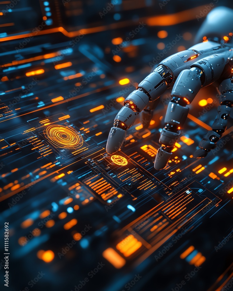 Poster futuristic concept of ai technology streamlining data analysis with glowing charts, robotic assistan