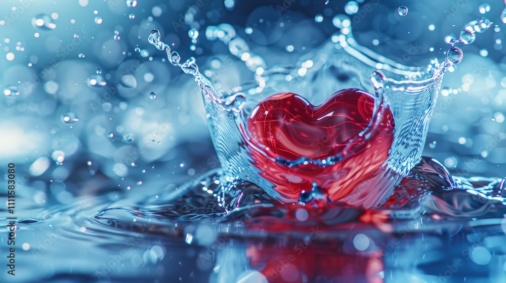 Poster dynamic red heart splashing in water creates refreshing