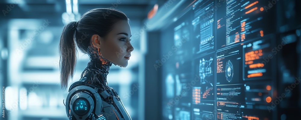 Poster immersive depiction of ai technology enhancing productivity, with glowing charts, chatbot interfaces