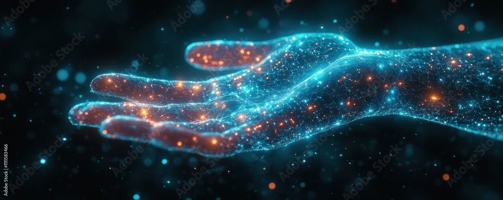 Aufkleber robot hand interacting with holographic digital interface in futuristic cyberpunk technology scene