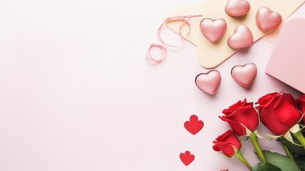 Romantic Valentine's Day Scene with Red Roses, Heart-Shaped Chocolates, Pink Background, Love Letters, and Decorative Hearts for Celebrating Love