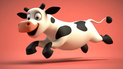 Naklejka premium Happy cow jumping on pink background, showcasing playful and cheerful expression