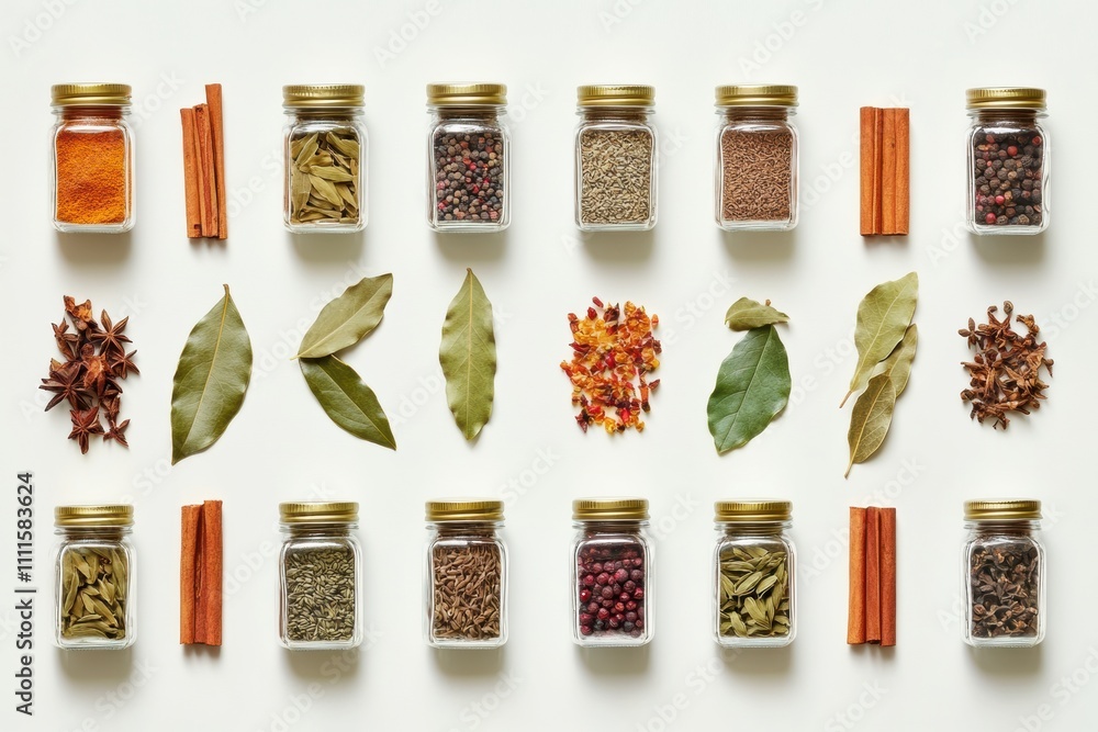 Aufkleber various colorful spices are neatly arranged in small jars, accompanied by bay leaves and cinnamon st