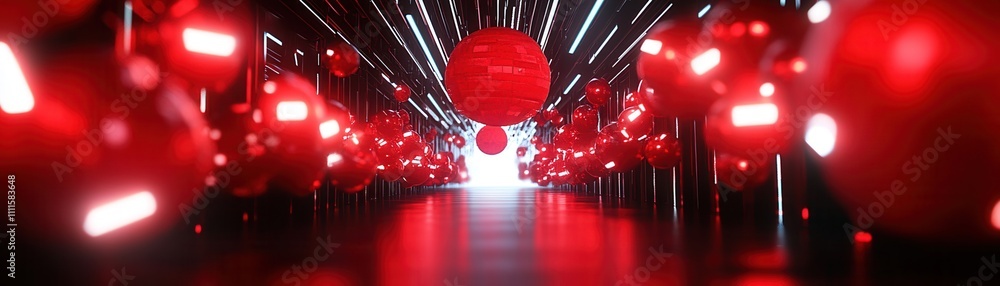 Poster a vibrant corridor filled with red spheres and dynamic lighting, creating a futuristic and immersive