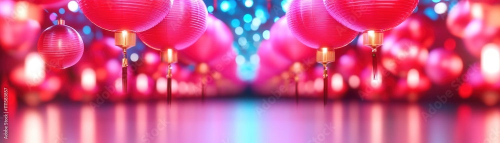 Poster a vibrant display of red lanterns illuminated by colorful lights, creating a festive and enchanting 