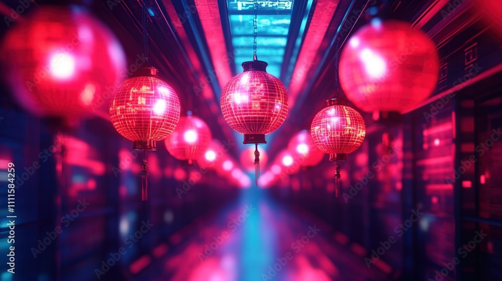 Poster a vibrant corridor adorned with glowing red lanterns, creating a captivating atmosphere that blends 