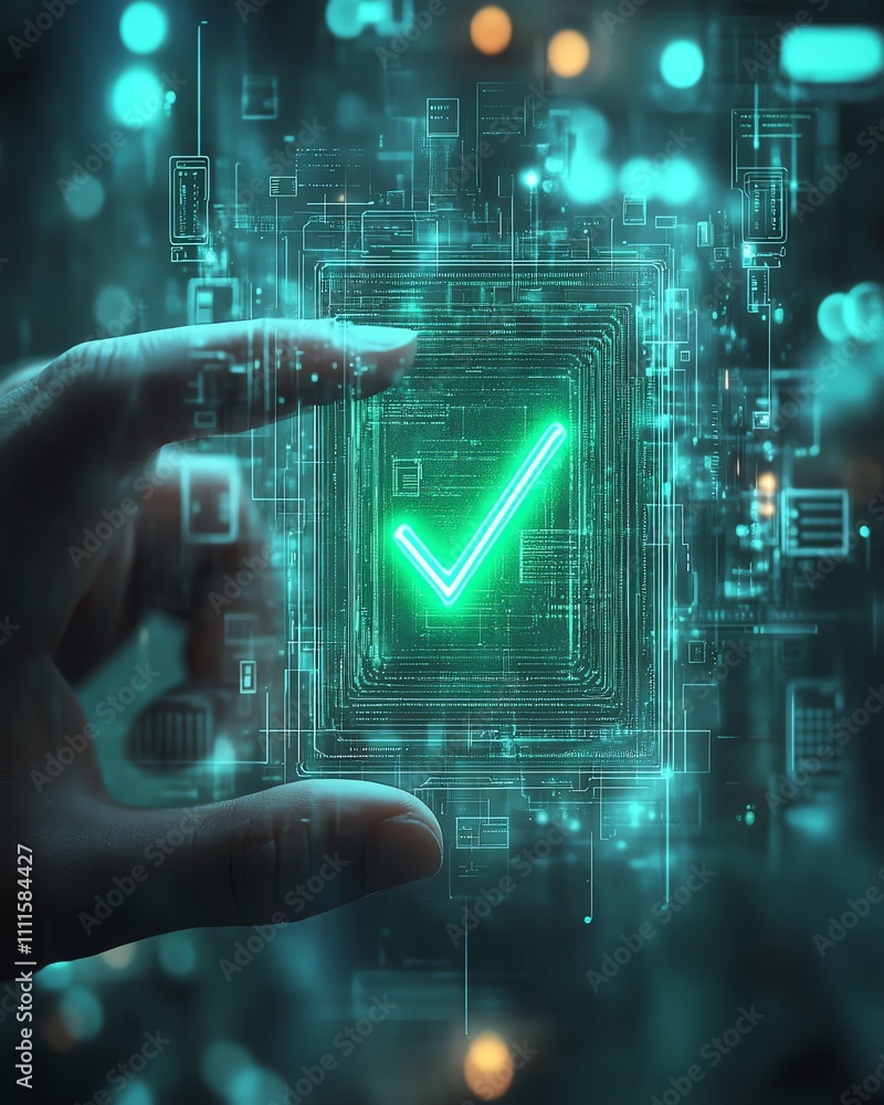 Poster a mans hand touching a glowing green verification checkmark hologram, with digital files floating in