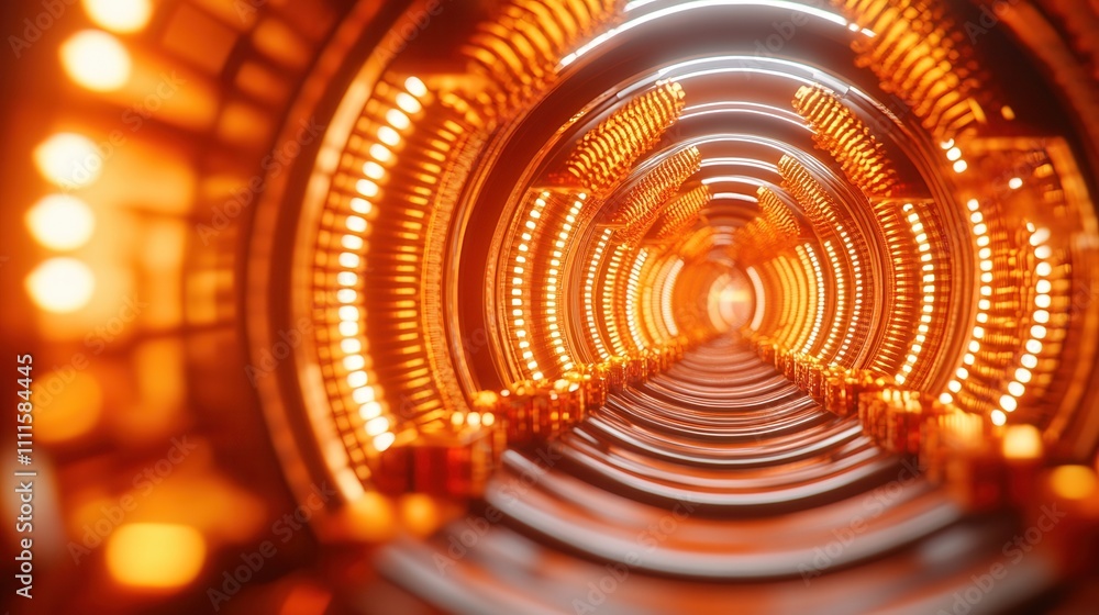 Poster a futuristic tunnel glowing with orange and yellow lights, creating a mesmerizing atmosphere that su