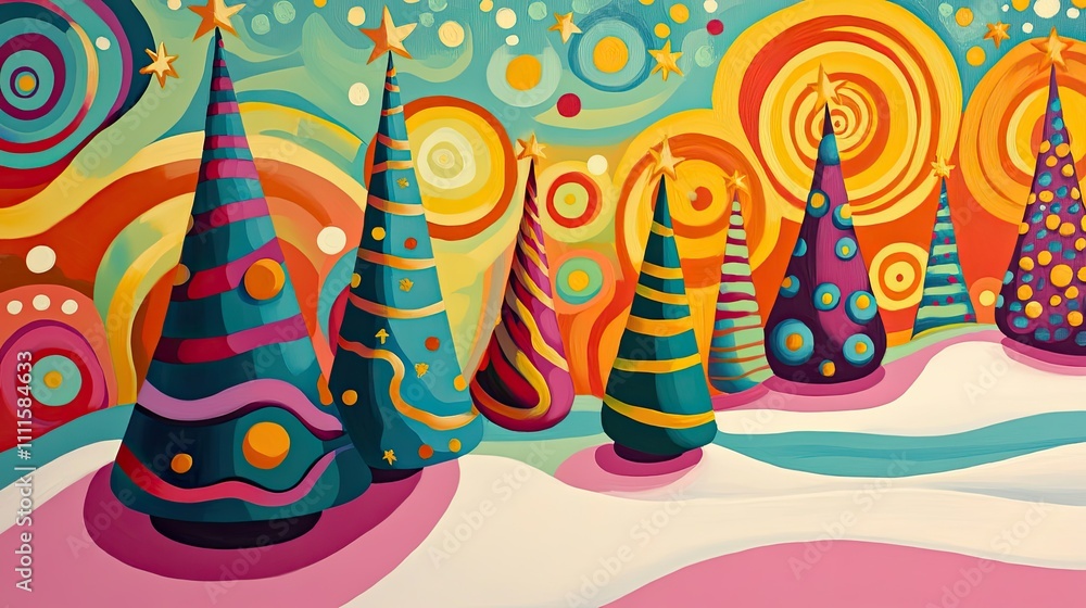 Poster abstract swirling patterns in bold colors, creating whimsical christmas trees in a unique and cheerf