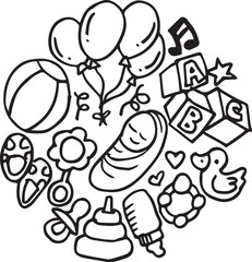 Baby and newborn doodle design elements. Set of hand drawn baby and newborn doodles. Vector illustration