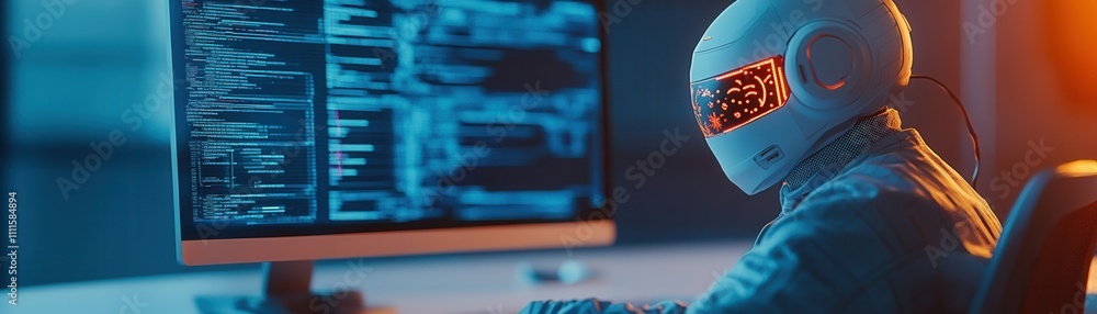 Poster a futuristic humanoid figure with a glowing helmet interacts with a computer, surrounded by digital 
