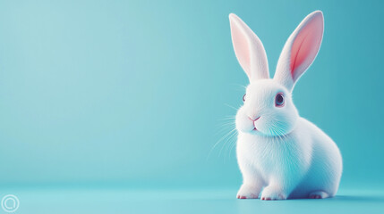 Fototapeta premium Cute white rabbit sitting on a light blue background in a calm and serene setting