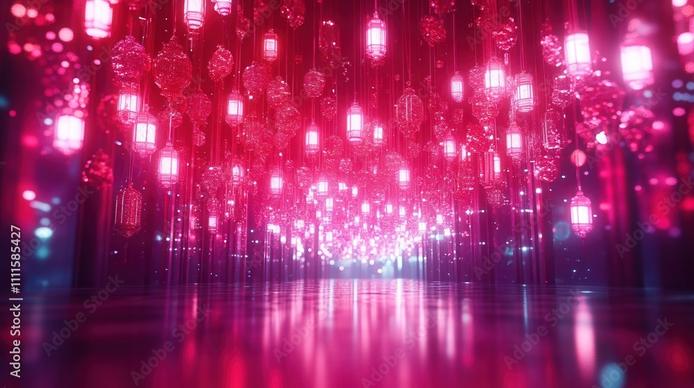 Poster a vibrant display of glowing pink lanterns illuminating a mirrored surface, creating a mesmerizing a