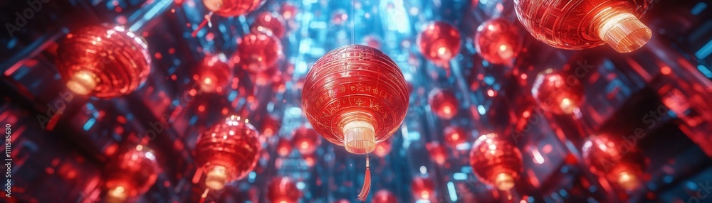 Poster a vibrant display of red lanterns glowing against a backdrop of blue lights, creating a festive and 
