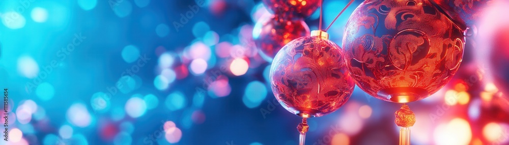 Poster a vibrant close-up of colorful ornaments shimmering with festive lights, creating a cheerful and enc