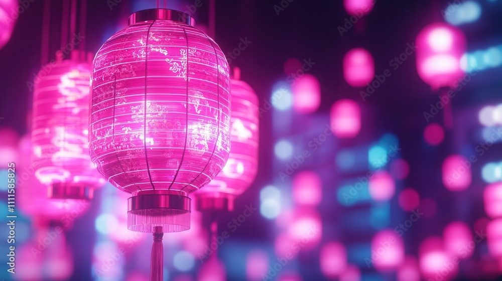 Poster a vibrant display of pink lanterns glowing against a blurred background, creating a festive and ench