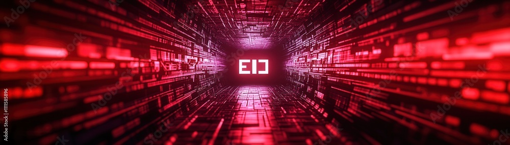 Poster a futuristic tunnel of red light and digital patterns, suggesting advanced technology and a sense of