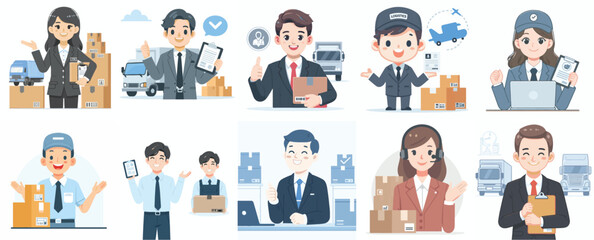 Vector Set of a Logistics Manager in a Simple Flat Design Style