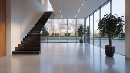 Obraz premium Modern minimalist home interior with marble staircase, large windows, and potted plants.