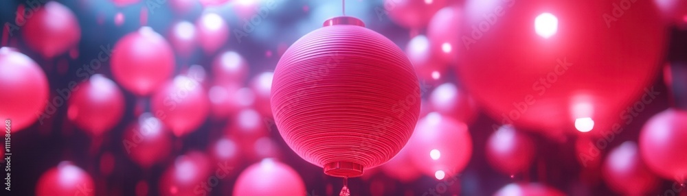 Poster a vibrant display of red lanterns glowing softly against a dark background, creating a festive and a