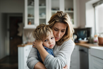 In a warm, inviting kitchen, a mother holds her frustrated son tightly, offering solace and affection. Her compassionate gaze meets his worried expression, creating a moment of connection