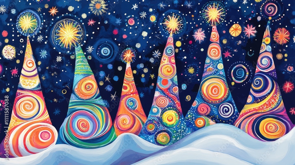Aufkleber bright pop art swirls form imaginative winter trees, filled with abstract and playful patterns that 
