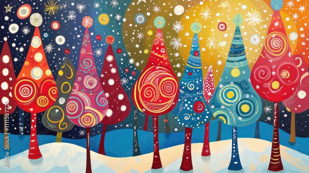 Poster bright pop art swirls form imaginative winter trees, filled with abstract and playful patterns that 