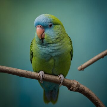 A parrotlet, tiny but colorful, with shades of green and blue, perched delicately.