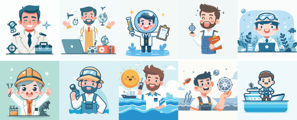 Vector Set of an Oceanographer in a Simple Flat Design Style