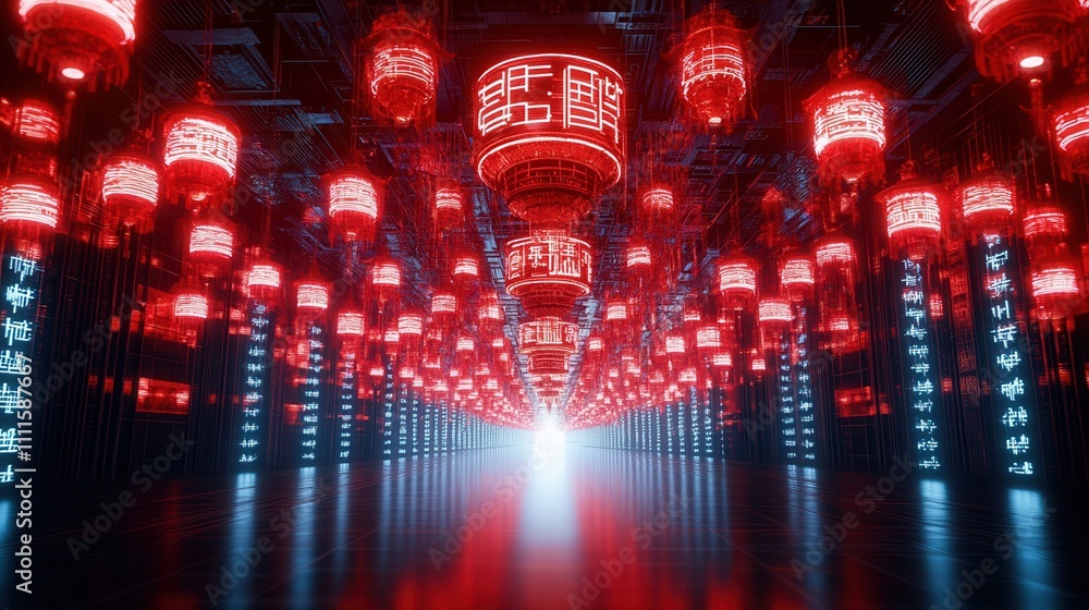 Poster a vibrant scene filled with glowing red lanterns, creating a mesmerizing pathway that leads to a bri