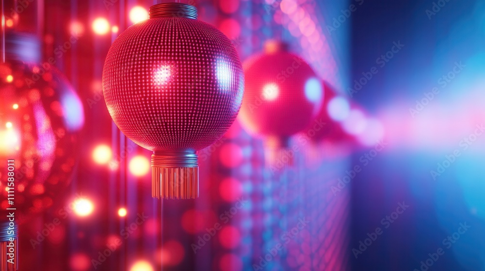 Poster a vibrant display of colorful lanterns, glowing with red and blue lights, creating a festive atmosph
