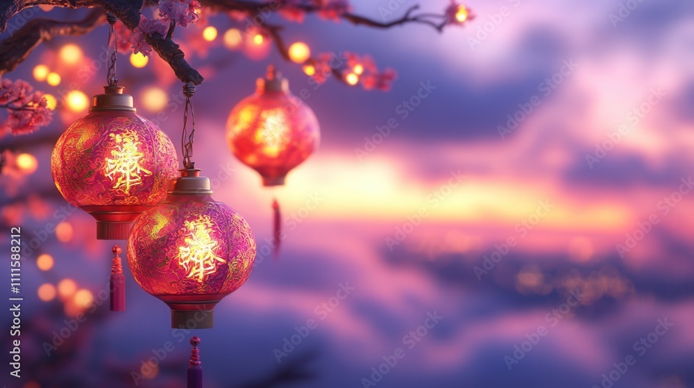 Poster vibrant lanterns hang from a branch, illuminated against a serene sunset backdrop of soft clouds and