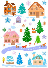 Cozy winter village scene with colorful houses and snow covered trees