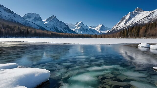 A frozen lake with snow-capped mountains in the background under a clear blue sky.