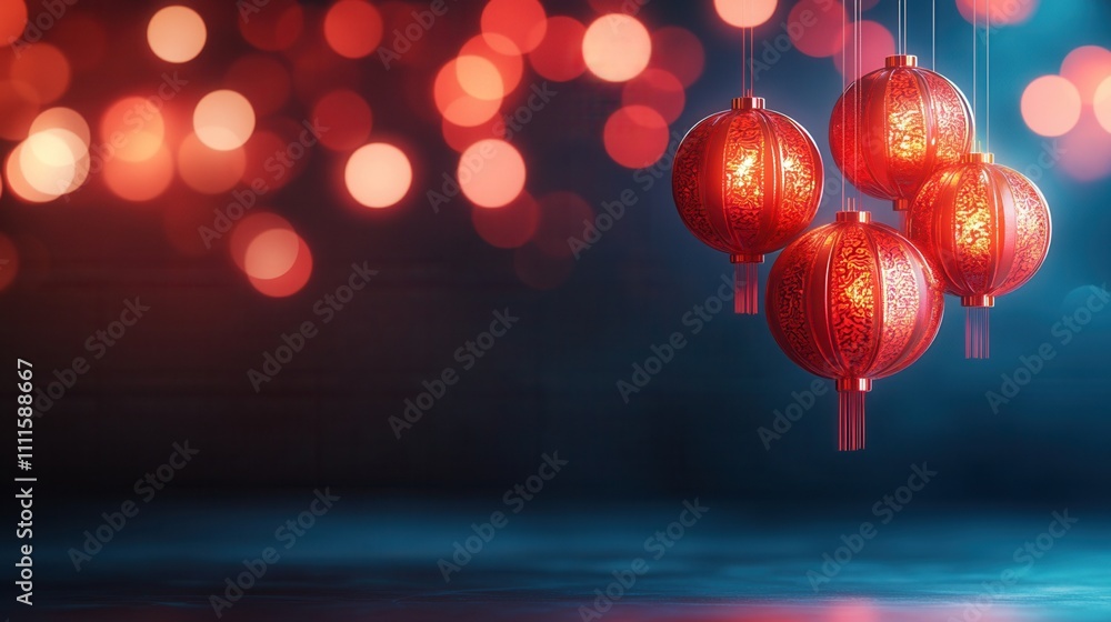 Poster a vibrant display of traditional red lanterns, softly illuminated against a bokeh background, creati