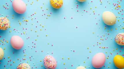 Fototapeta premium Colorful decorated eggs scattered on a blue background for spring celebration