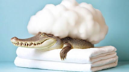 Obraz premium crocodile resting on towel with fluffy soap suds above it creates whimsical scene
