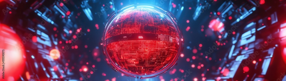 Poster a glowing red sphere surrounded by futuristic blue and red elements, creating a dynamic, sci-fi atmo