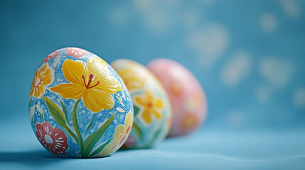 Fototapeta premium Colorful painted Easter eggs arranged on a blue background for spring celebration