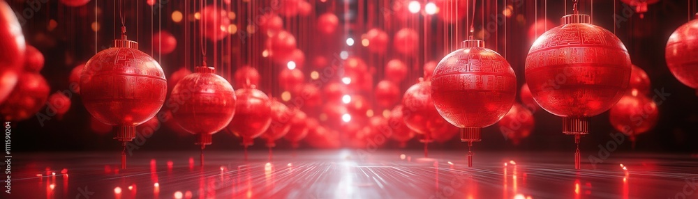Poster a visually striking scene with hanging red ornaments reflecting light, creating a festive and vibran
