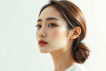 Naklejka premium Side profile of elegant Asian woman with sleek hairstyle and natural makeup, wearing a white top, studio portrait highlighting beauty and modern sophistication. 
