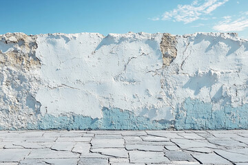 Weathered Wall and Cracked Pavement Under Blue Sky