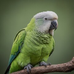 Obraz premium A playful Quaker parrot, or monk parakeet, showing its soft green feathers and gray chest.