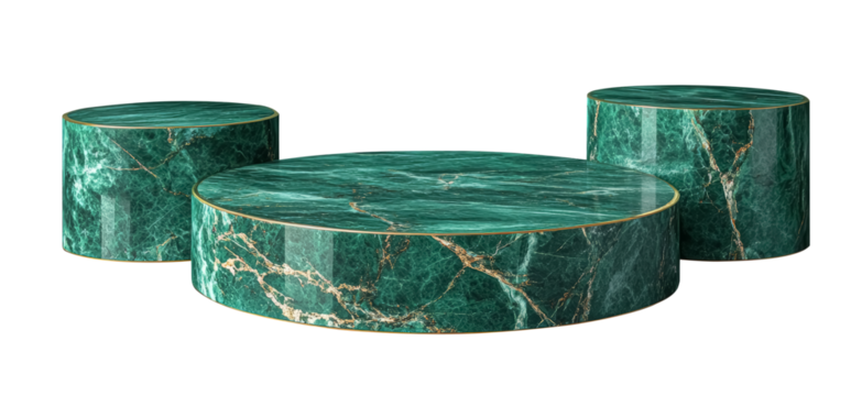 Emerald green marble with golden veins round product podium stage for product display, presentation and branding isolated on a transparent background, png cutout. 
