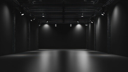 large dark exhibition hall with lighting and empty space