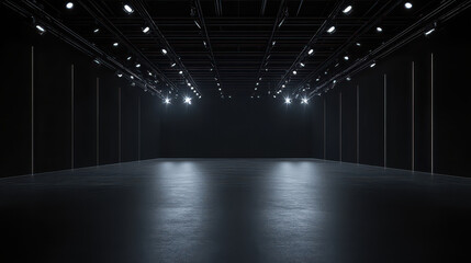 large dark exhibition hall with bright lighting creates dramatic atmosphere