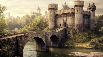 Obraz premium A medieval castle with a grand stone bridge crossing over a deep moat