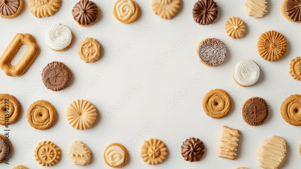 Aufkleber an enticing variety of sweets and cookies displayed on a clean white background, perfect for adding 